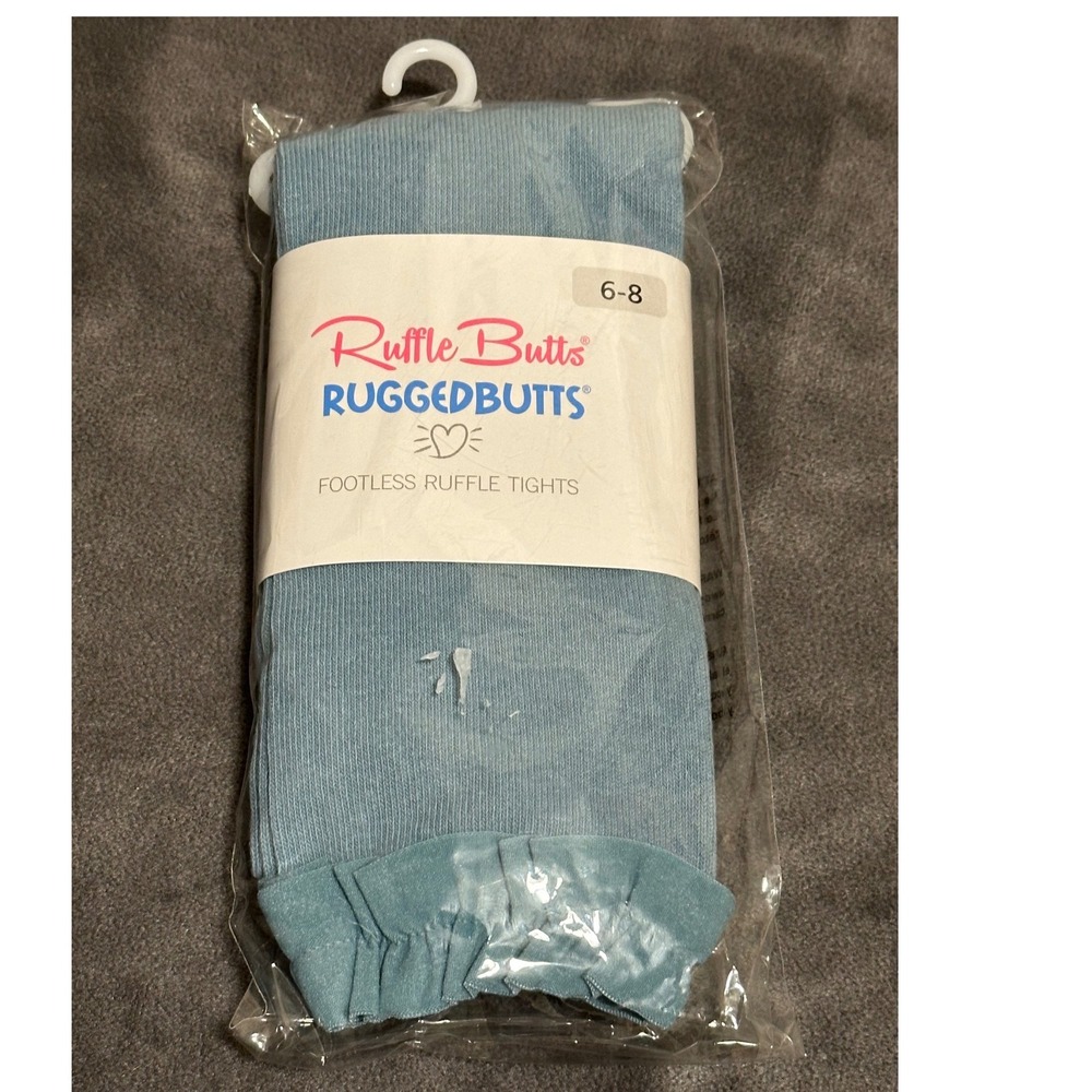 RuffleButts Antique Blue Footless Ruffle Tights Ribbed Knit Leggings Size 6-8